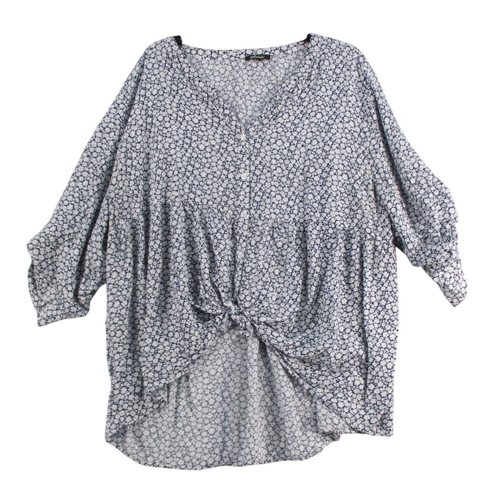 Soiree Womens 3X Floral Button Front Tie‎ Hem Blouse Navy White Rayon Top
